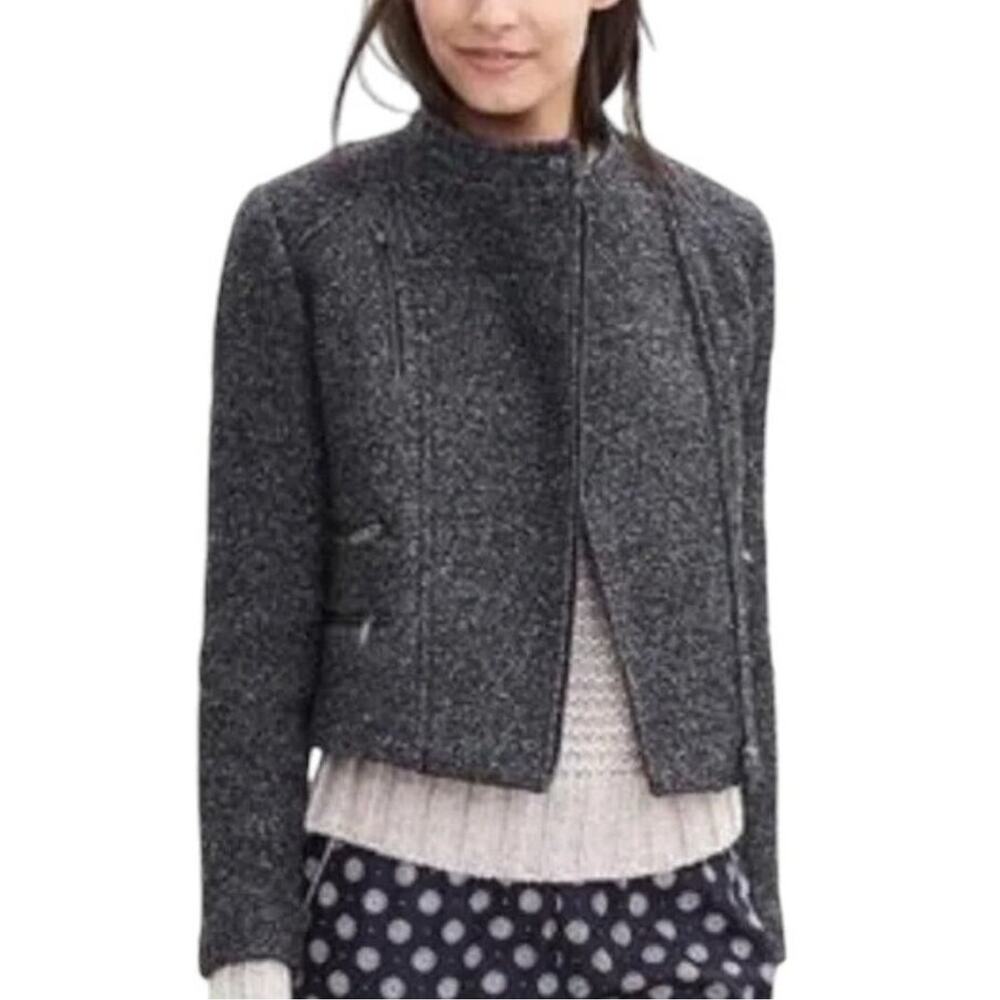 BANANA REPUBLIC Boucle Knit Cropped Moto Jacket in Charcoal Wool blend SZ 10P